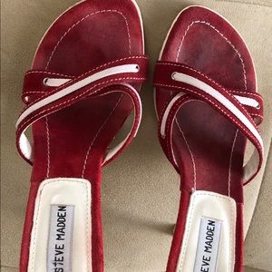 Red suede upper/sole w/white embellishments/heels